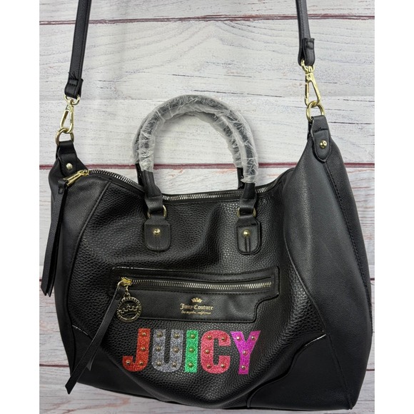 Juicy Couture Handbags - Juicy Couture Black Pebbled Satchel Crossbody Bag Multi Glitter Logo NWT